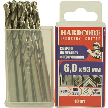 Сверло по мет. фрез. Р6М5 6,0х93мм "Hardcore" 10шт/упак