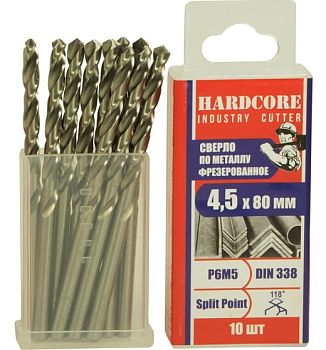 Сверло по мет. фрез. Р6М5 4,5х80мм "Hardcore" 10шт/упак