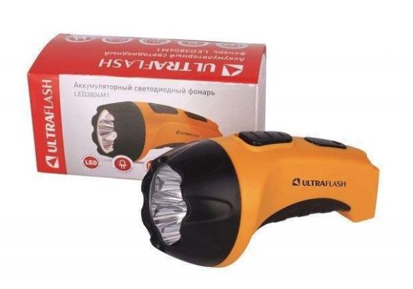 Фонарь ручной Ultraflash LED3804М1 (акк.4V 0.4Ah) 5св.д (80lm) до 50м, желт+черн.пластик, вилка 220V